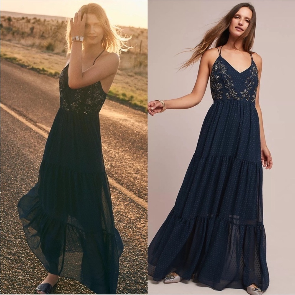 Ranna Gill Anthropologie Lucinda Beaded Bodice Tiered Swiss Dot Maxi Dress Sz 6 - Picture 3 of 12